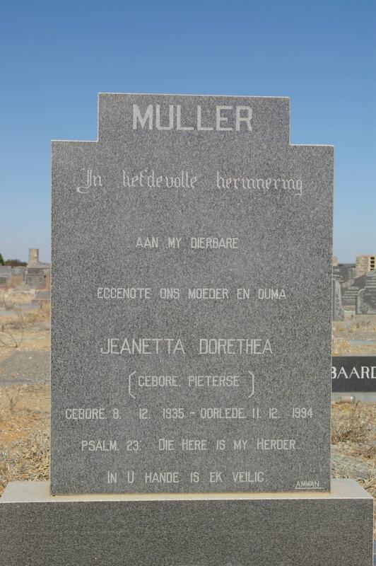 MULLER Jeanetta Dorethea nee PIETERSE 1935-1994