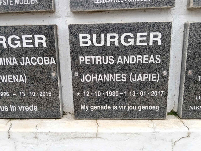 BURGER Petrus Andreas Johannes 1930-2017