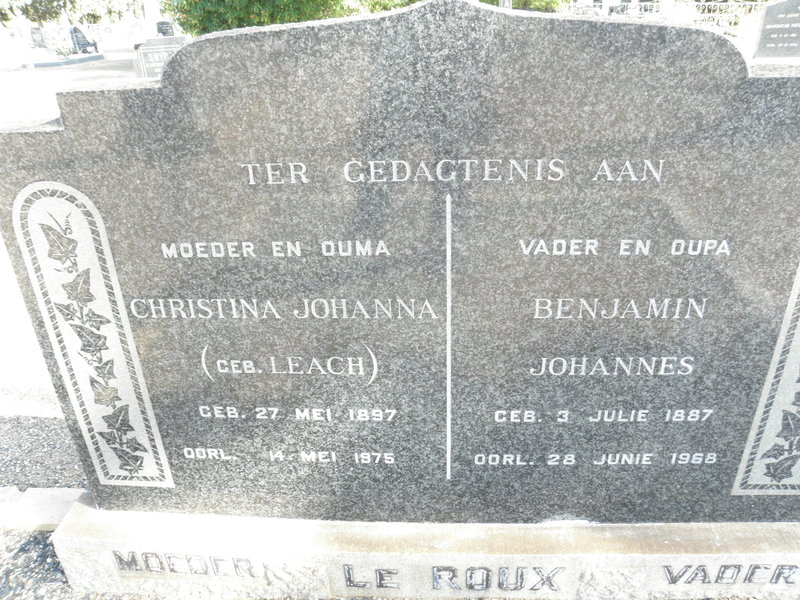 ROUX Benjamin Johannes, le 1887-1968 & Christina Johanna LEACH 1897-1975
