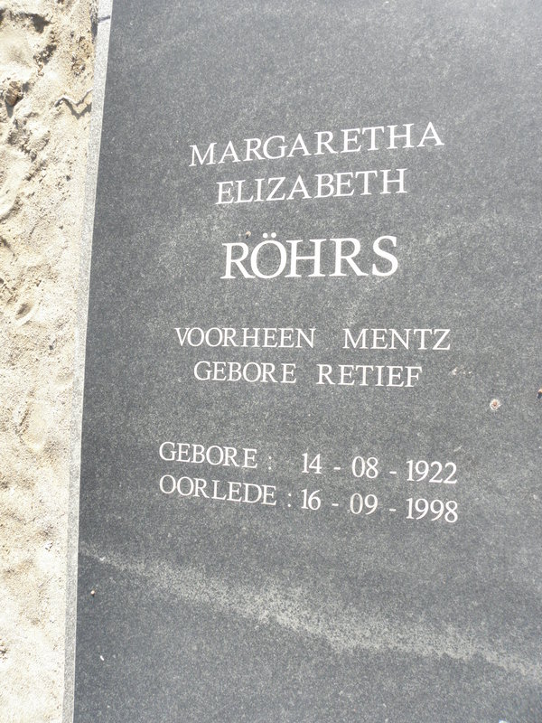 ROHRS Margaretha Elizabeth voorheen MENTZ nee RETIEF 1922-1998