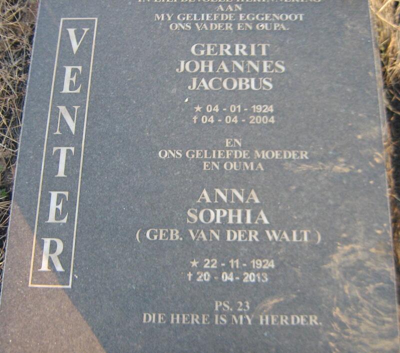 VENTER Gerrit Johannes Jacobus 1924-2004 & Anna Sophia VAN DER WALT 1924-2013