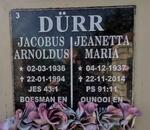DÜRR Jacobus Arnoldus 1936-1994 & Jeanetta Maria 1937-2014