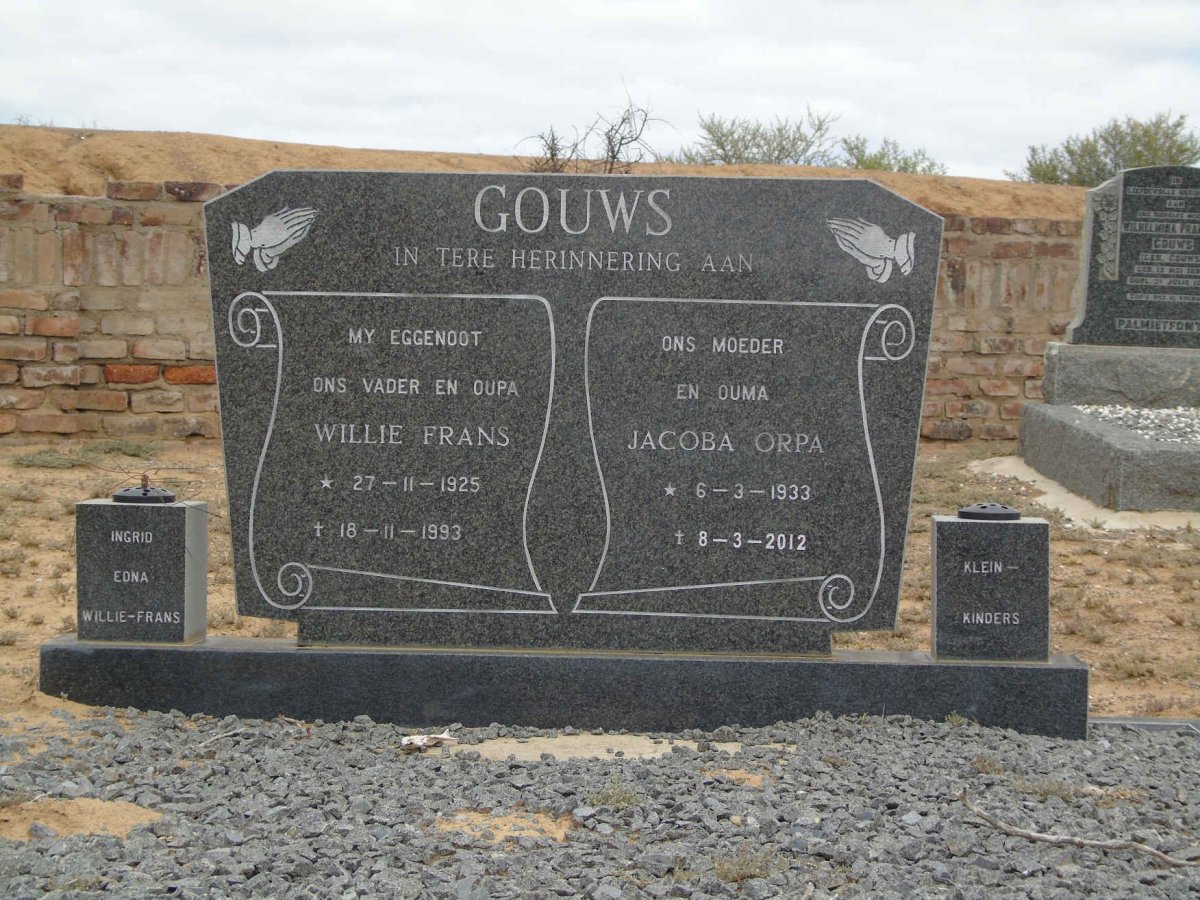 GOUWS Willie Frans 1925-1993 &amp; Jacoba Orpa 1933-2012