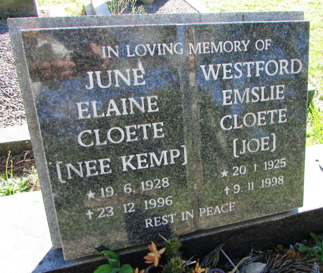 CLOETE Westford Emslie 1925-1998 &amp; June Elaine KEMP 1928-1996