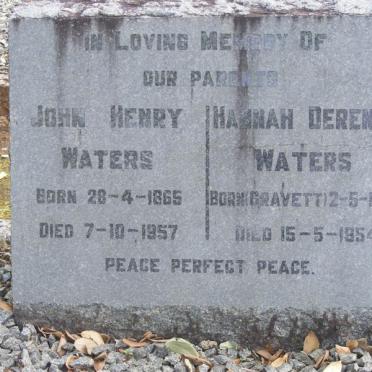 WATERS John Henry 1865-1957 &amp; Hannah Derenda GRAVETT 1870-1954