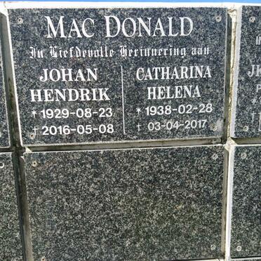 MACDONALD Johan Hendrik 1929-2016 &amp; Catharina Helena 1938-2017