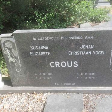 CROUS Johan Christiaan Vogel 1885-1978 &amp; Susanna Elizabeth 1891-1977