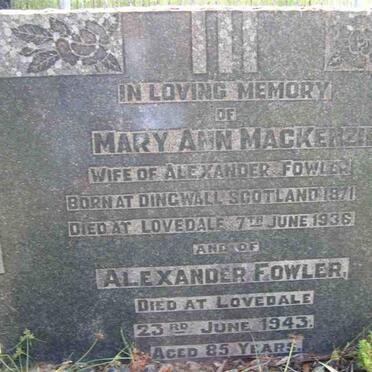 FOWLER Alexander 1858-1943 &amp; Mary Ann MACKENZIE 1871-1936