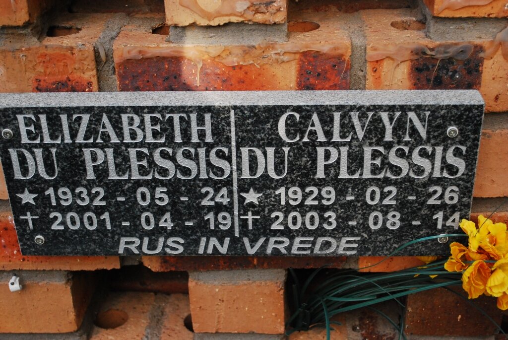PLESSIS Calvyn, du 1929-2003 &amp; Elizabeth 1932-2001