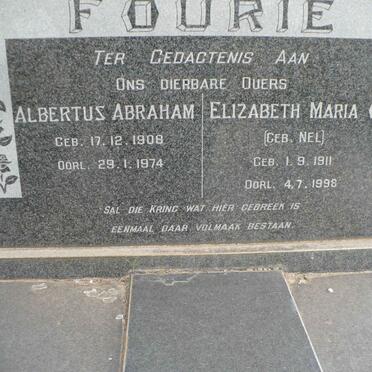 FOURIE Albertus Abraham 1908-1974 &amp; Elizabeth Maria C. NEL 1911-1998