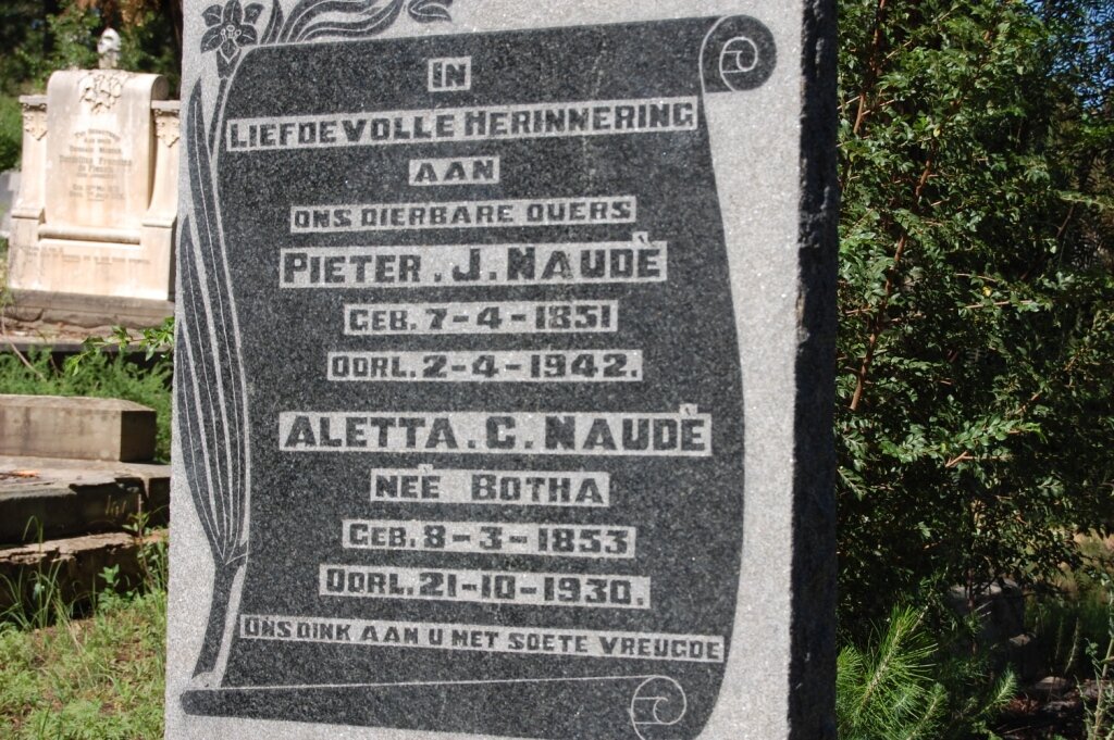 NAUDÉ Pieter J. 1851-1942 &amp; Aletta C. BOTHA 1853-1930