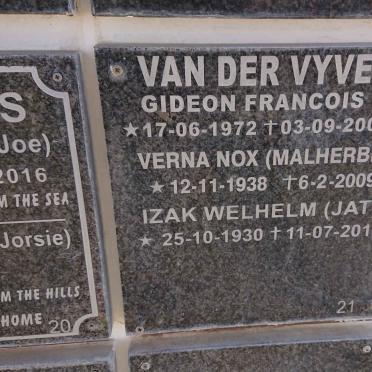 VYVER Izak Welhelm, van der 1930-2016 &amp; Verna Nox MALHERBE 1938-2009 :: VYVER Gideon Francois, van der 1972-2007