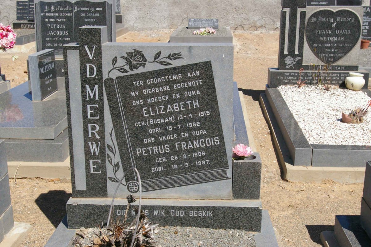 MERWE Petrus Francois, v.d. 1906-1997 &amp; Elizabeth BOSMAN 1915-1982