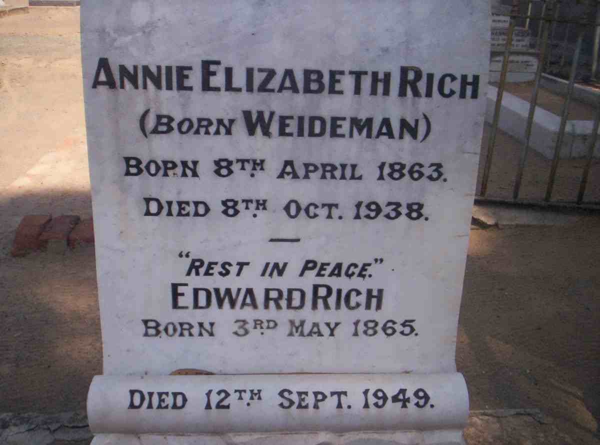 RICH Edward 1865-1949 &amp; Annie Elizabeth WEIDEMAN 1863-1938