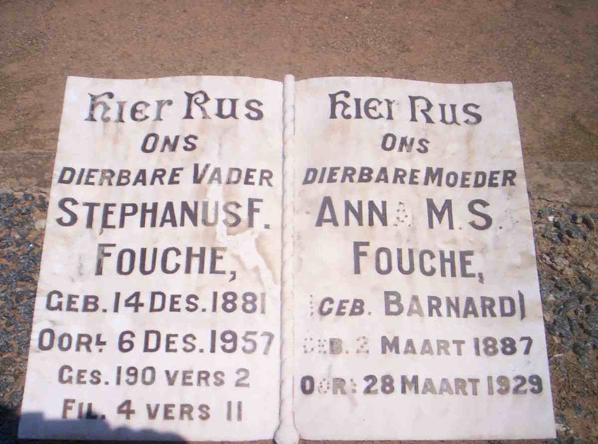 FOUCHE Stephanus F. 1881-1957 &amp; Anna M.S. BARNARD 1887-1929