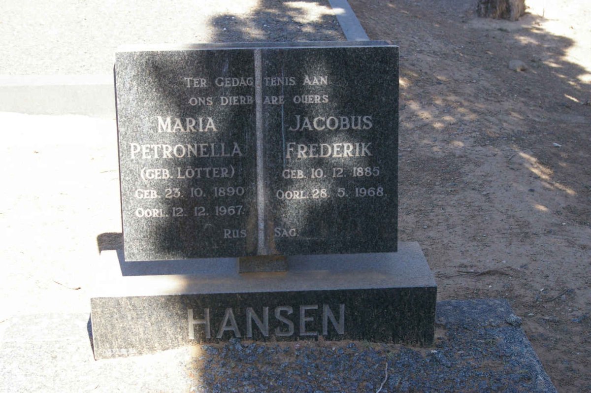 HANSEN Jacobus Frederik 1885-1968 &amp; Maria Petronella LOTTER 1890-1967