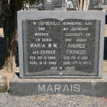 MARAIS Andries Francois 1881-1973 &amp; Maria M.M. GERBER 1892-1982