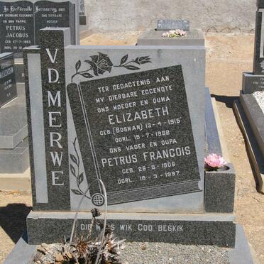 MERWE Petrus Francois, v.d. 1906-1997 &amp; Elizabeth BOSMAN 1915-1982