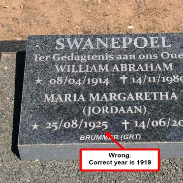 SWANEPOEL William Abraham 1914-1980 & Maria Margaretha JORDAAN 1919-2009