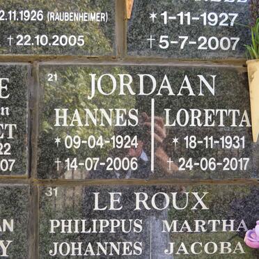 JORDAAN Hannes 1924-2006 &amp; Loretta 1931-2017