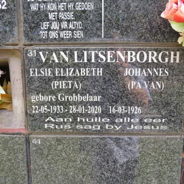 LITSENBORGH Johannes, van 1926- &amp; Elsie Elizabeth GROBBELAAR 1933-2020