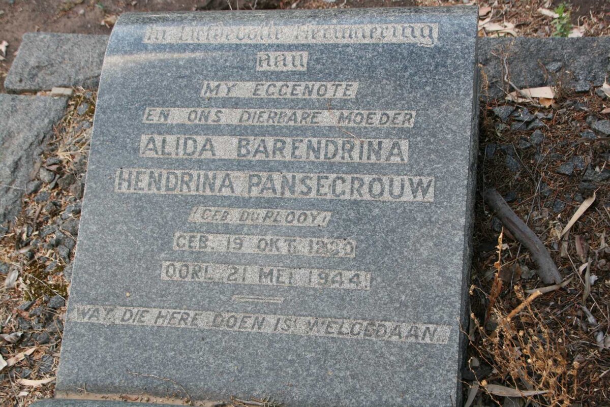 PANSEGROUW Alida Barendrina Hendrina DU PLOOY 18?0-1944