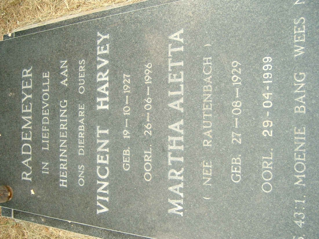 RADEMEYER Vincent Harvey 1927-1996 &amp; Martha Aletta RAUTENBACH 1929-1999