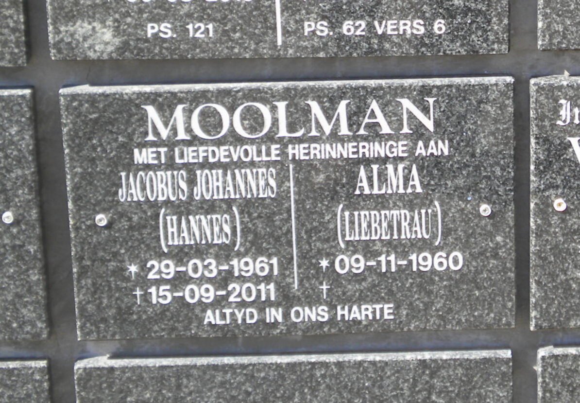 MOOLMAN Jacobus Johannes 1961-2011 &amp; Alma LIEBETRAU 1960-