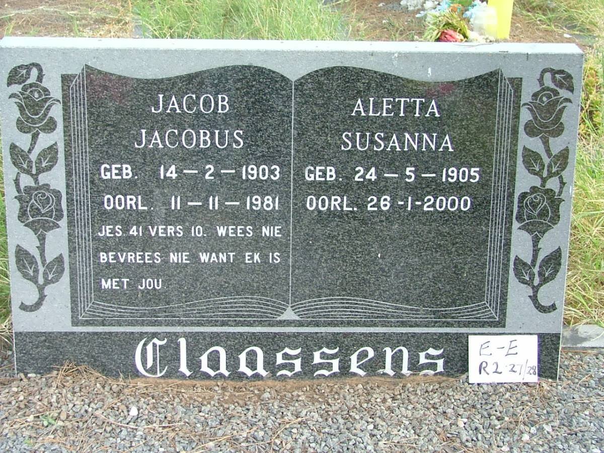CLAASENS Jacob Jacobus 1903-1981 &amp; Aletta Susanna 1905-2000