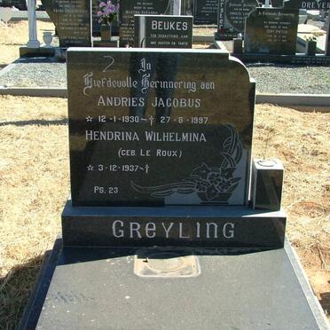 GREYLING Andries Jacobus 1930-1997 &amp; Hendrina Wilhelmina LE ROUX 1937-