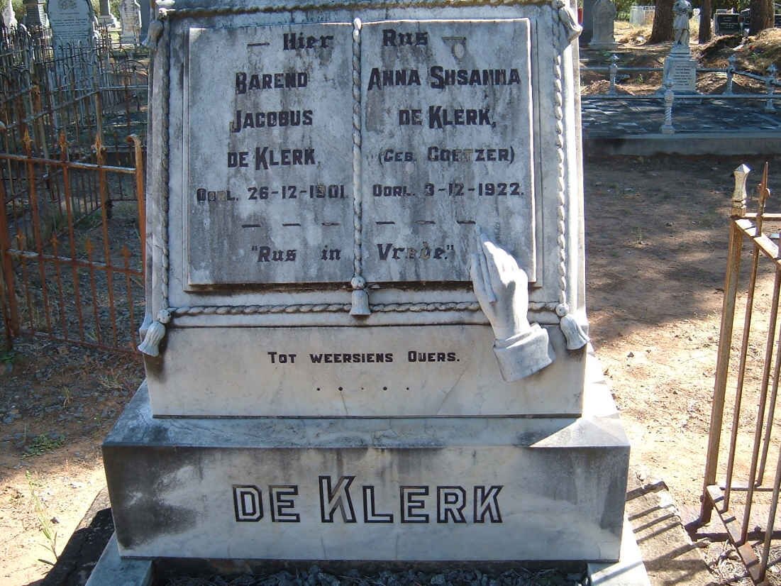 KLERK Barend Jacobus, de -1901 &amp; Anna Susanna COETZER -1922