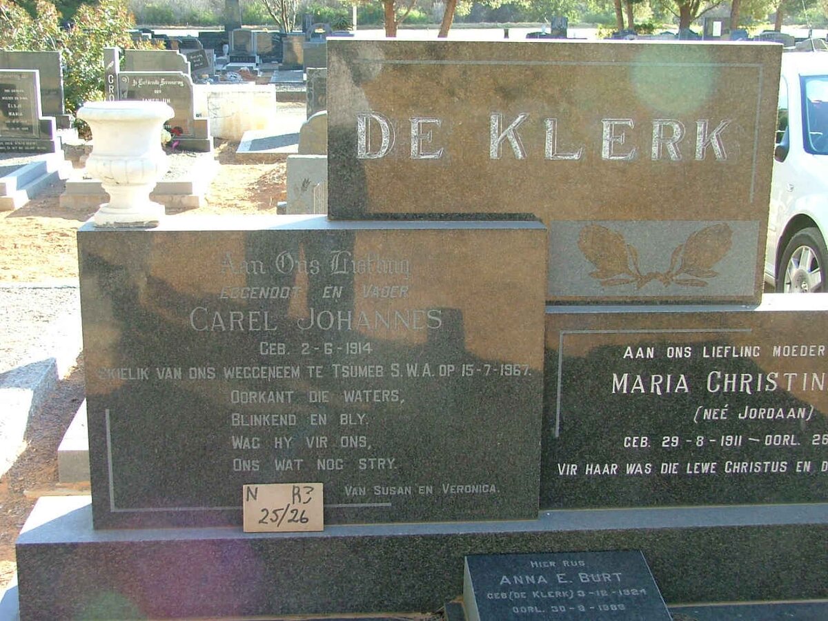 KLERK Carel Johannes, de 1914-1967 &amp; Maria Christina JORDAAN 1911-1988 :: BURT Anna E. nee DE KLERK -?