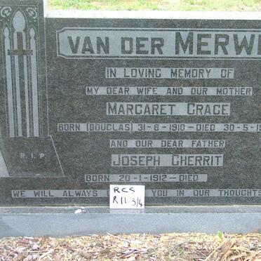 MERWE Joseph Gherrit, van der 1912- &amp; Margaret Grace DOUGLAS 1910-1968