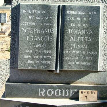 ROODE Stephanus Francois 1895-1975 &amp; Johanna Aletta FERREIRA 1895-1979