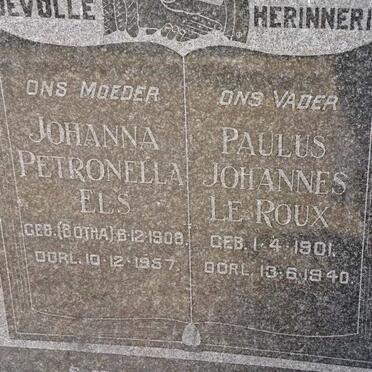ROUX Paulus Johannes, le 1901-1940 &amp; Johanna Petronella ELS nee BOTHA 1908-1957
