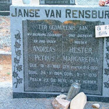 RENSBURG Andreas Petrus, Janse van 1892-1964 &amp; Hester Margaretha VENTER 1906-1970