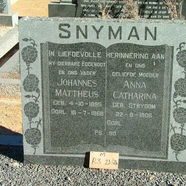 SNYMAN Johannes Mattheus 1895-1968 &amp; Anna Catharina STRYDOM 1906-