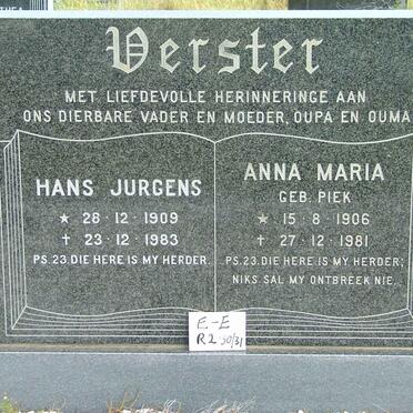 VERSTER Hans Jurgens 1909-1983 &amp; Anna Maria PIEK 1906-1981