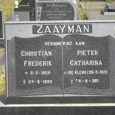 ZAAYMAN Christian Frederik 1909-1999 &amp; Pieter Catharina DE KLERK 1920-2017