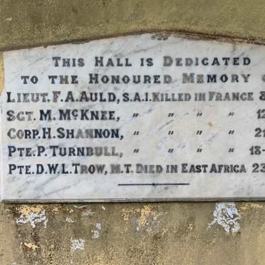 Eastern Cape, CENTANE (Kentani), Memorial Hall, WWI Memorial plaque