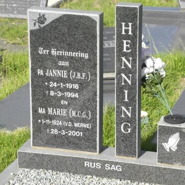 HENNING J.B.F. 1916-1994 &amp; M.C.G. nee V.D. MERWE 1924-2001