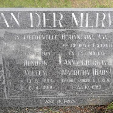 MERWE Hendrik Willem, van der 1903-1988 &amp; Anna Christina Magritha KRUGER 1908-1983