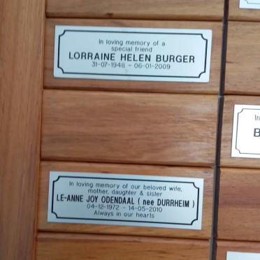 BURGER Lorraine Helen 1948-2009 :: ODENDAAL Le-Anne Joy nee DURRHEIM 1972-2010