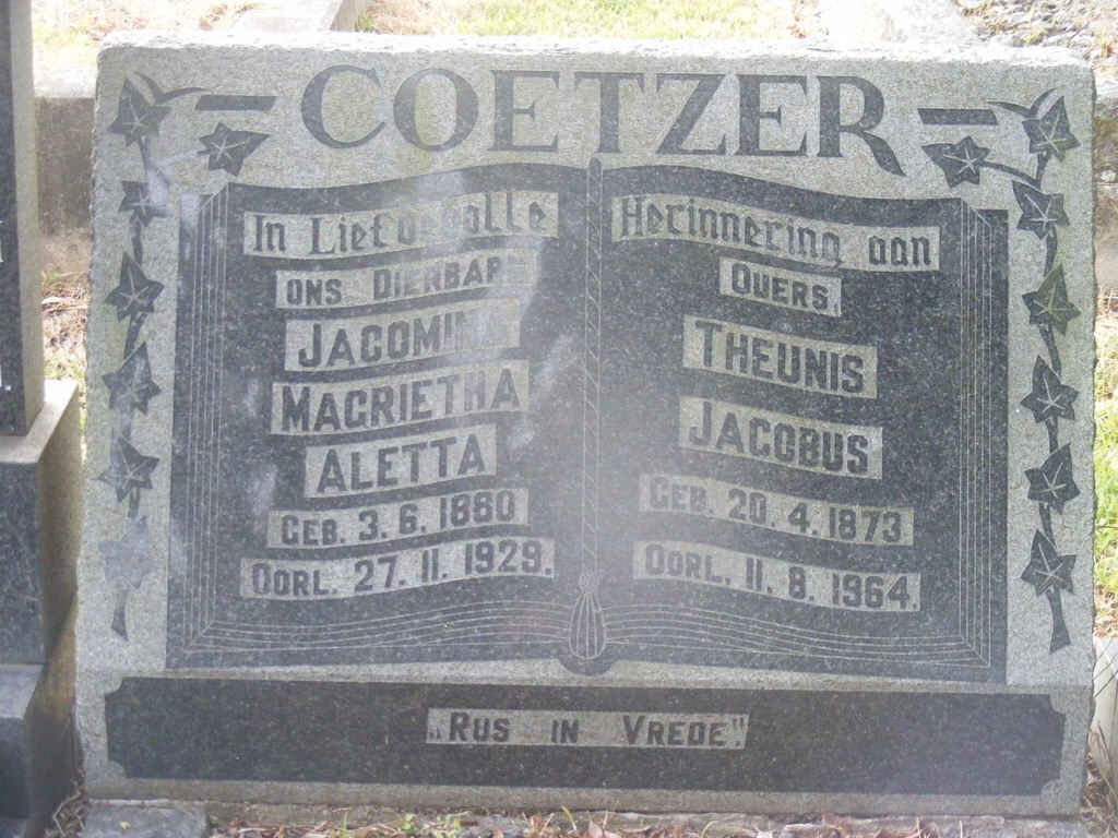 COETZER Theunis Jacobus 1873-1964 &amp; Jacomina Magrietha Aletta 1880-1929