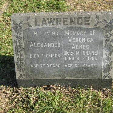 LAWRENCE Alexander -1968 &amp; Veronica Agnes nee McSHANE -1961