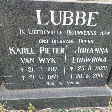 LUBBE Karel Pieter Van Wyk 1917-1971 &amp; Johanna Louwrina 1920-2001
