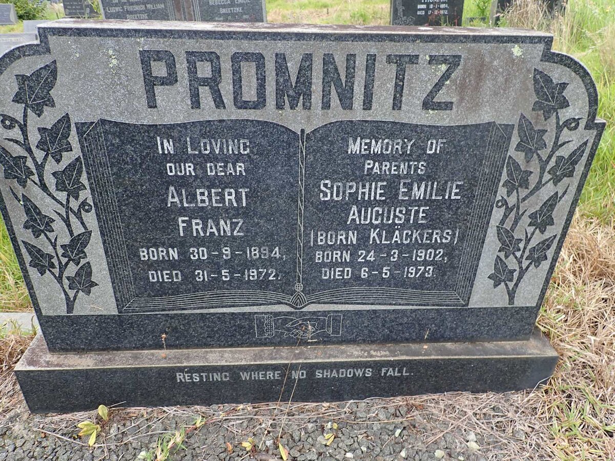 PROMNITZ Albert Franz 1894-1972 &amp; Sophie Emilie Auguste KLACKERS 1902-1973
