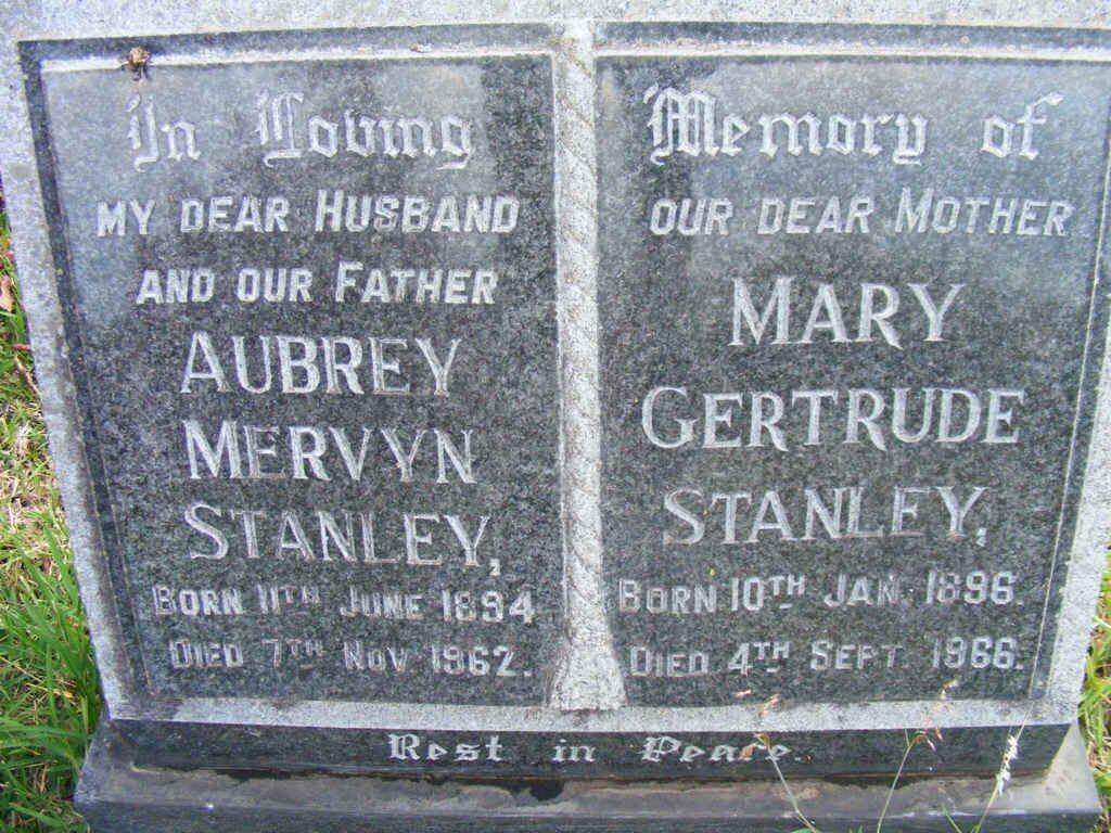 STANLEY Aubrey Mervyn 1894-1962 &amp; Mary Gertrude 1896-1966