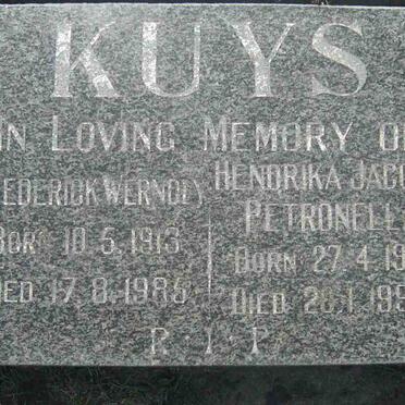 KUYS Frederick Werndly 1913-1985 &amp; Hendrika Jacoba Petronella 1918-1992