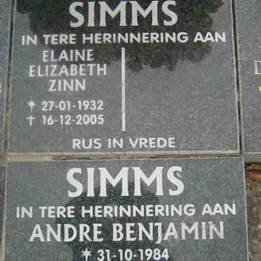 SIMMS Andre Benjamin 1984-2002 &amp; Elaine Elizabeth Zinn 1932-2005